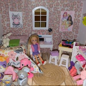 OOAK Barbie Chelsea Doll Bedroom (Bed, Desk, Open Wardrobe) With Barbie Chelsea